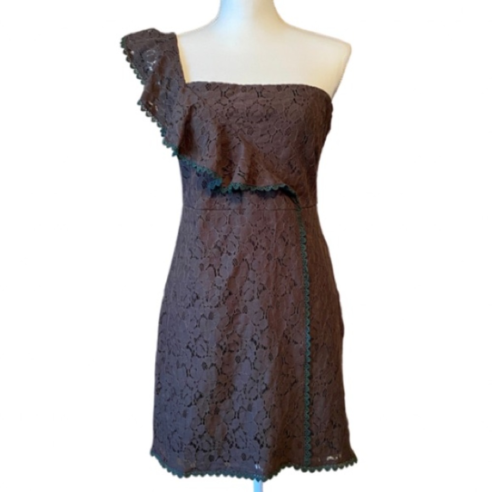 Brown Lace Ruffled One-Shoulder Sheath Dress w/ Green Trim by 5th Culture (L)